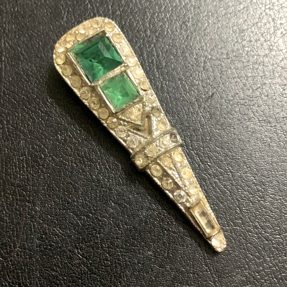 Antique Art Deco WMCA Dress clips green UV ACTIVE .. missing 2 stones - Picture 2 of 5
